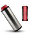 Double Wall Vacuum Insulated Stainless Steel Can Cooler Holding Two Standard Twelve Oz Beer And Soda Cans Keeps Your Drinks Ice Cold Four Plus Hours Always Keep It Chill with a red can.