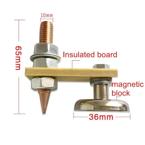 Earth Ground Connector For Auto Dent Repair And Stud Welding with insulated board and magnetic block, measurements shown