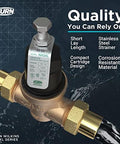 Installed Zurn Wilkins NR3XL 3/4 in pressure reducing valve with double union FNPT connections, brass body