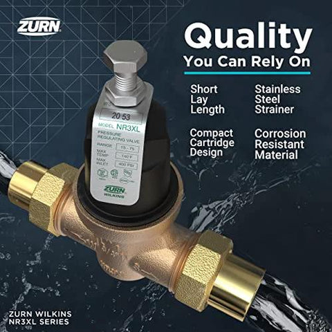 Installed Zurn Wilkins NR3XL 3/4 in pressure reducing valve with double union FNPT connections, brass body