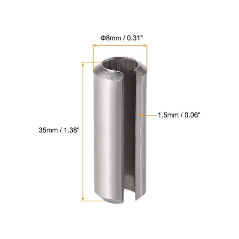 Slotted Spring Pin M8 X 35mm 304 Stainless Steel Roll Pin 10 Pcs Plain Finish Axial Slotted With Chamfered Ends For Quick Reliable Positioning And Easy Assembly Built Tough Against Corrosion, showing dimensions of 8mm and 35mm with measurements.