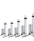 Beefy 12V 750N Linear Actuator With 50 to 300mm Stroke And 10 mm Per Second Speed Aluminum Housing IP54 IP65 Worksite Ready Front And Rear Mount Brackets For Easy Install Heavy Duty Industrial Grade Motion Device, shown in multiple stroke lengths
