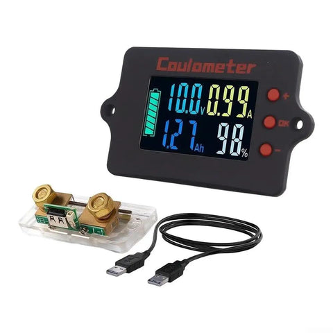 Hella Precise Pure Copper Shunt Battery Monitor Tracks 0 To 100 Amps Across 8 To 120 Volt Systems Featuring A Badass 32 Bit Chip And Usb Data Logging Plus Bidirectional Measurement For Solar Projects And RV Camper Builds, showing LCD display and copper shunt.