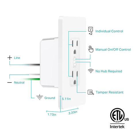 Diagram showing ports and features of In Wall Smart Outlet With WiFi Control For Two Devices, No Hub Needed, Works With Alexa And Google Home.