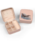 Open and closed views of Pink F16 Jet Jewelry Travel Case With Soft Plush Interior, Ultra Compact 4 By 4 By 2 Inches, compartments shown