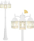 Three-Head Outdoor Lamp Post Light With Dusk To Dawn Sensor Water Ripple Glass Shade E26 Base White Lantern, front view