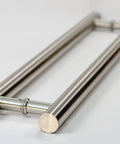 36-Inch Dope Modern Stainless Steel Door Handles In Brushed Nickel Finish With Solid Mounting Standoffs For Interior And Exterior Doors Push-Pull Door Bar For Commercial Or Barn Doors Round Shape, angled view