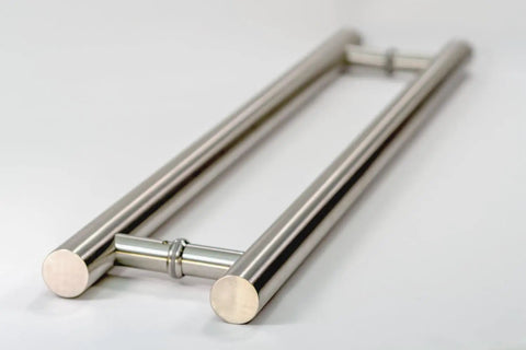 36-Inch Dope Modern Stainless Steel Door Handles In Brushed Nickel Finish With Solid Mounting Standoffs For Interior And Exterior Doors Push-Pull Door Bar For Commercial Or Barn Doors Round Shape, angled view