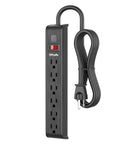 Rock Solid Six Outlet Surge Protector Power Strip With Six Foot Extension Cord And Six Hundred Joule Defense For Bulletproof Home Office Gaming Workstation Setup, black design.