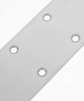 Close-up of Five Pack Heavy Duty Stainless Steel Straight Brace Brackets with multiple openings for furniture cabinets and shelves