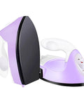Portable Mini Heat Press Machine With Charging Base For DIY T Shirts Bags And Hats Light Purple compact design with smooth glide plate.