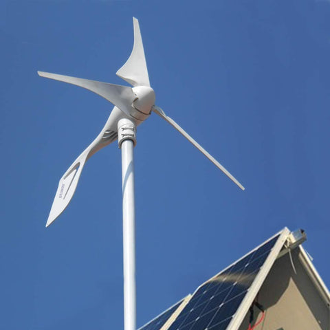 Wind Turbine Generator 400W 12V With Three Blade Nylon Carbon Fiber Blades For Home Use, Low Wind Speed Starting At Two Point Five Meters Per Second, Includes Charge Controller And Efficient Windmill installed on rooftop