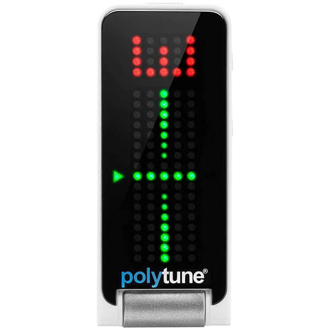 PolyTune Clip On Guitar Tuner With Polyphonic Tuning Strobe And Chromatic Modes Plus 108 LED Matrix Display showing tuning.