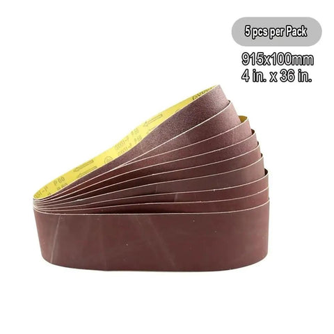 Pro Grade Aluminum Oxide Sanding Belts 4 X 36 Five Pack Heavy Duty Abrasive Strips stacked for woodwork and metal stripping.