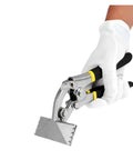 Sheet Metal Bending Pliers For Pros Pro Grade Durable Beefy High Strength Steel Nickel Plated Clamp in ergonomic white-gloved grip
