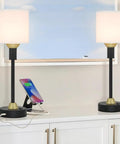 Mid Century Modern Table Lamp With USB Port And Fabric Shade In Black And Gold Bedside Lamps For Your Desk Living Room Or Home Office Setup 2 Pack Industrial Style Lighting, showing two lamps with USB ports on white cabinet.