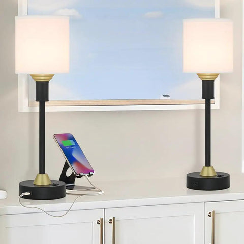 Mid Century Modern Table Lamp With USB Port And Fabric Shade In Black And Gold Bedside Lamps For Your Desk Living Room Or Home Office Setup 2 Pack Industrial Style Lighting, showing two lamps with USB ports on white cabinet.