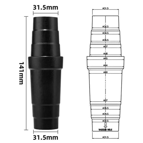 Black vacuum hose adapter; ABS material, 31.5 mm end diameter, 141 mm length; universal reducer.