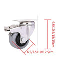 Heavy Duty Swivel Caster Wheels Featuring Conductive Rubber Treads For Ultra Quiet Smooth Cruising On Carts Shelves And Equipment, side view with size dimensions.