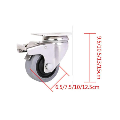 Heavy Duty Swivel Caster Wheels Featuring Conductive Rubber Treads For Ultra Quiet Smooth Cruising On Carts Shelves And Equipment, side view with size dimensions.