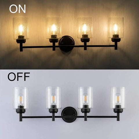 4 Light Matte Black Bathroom Vanity Light Fixture With Seeded Glass Shades, Farmhouse Style Up Down Mount, Antique Brass Accents, Dimmable With E26 Bulbs, Perfect For Rustic Modern Bath Remodel Vibe