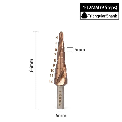 Top Tier Hss M35 Cobalt Step Drill Bits Kit In 4 To 12mm For Drilling Stainless Steel With Hex Shank For Smooth Fast Hole Sawing Jobs At Any Shop., 4-12mm 9-step HSS cobalt drill bit with triangular shank, 66mm