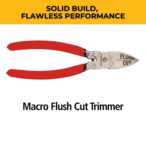 Macro Flush Cut Pliers For Edgebanding And Brad Nails Pro Grade Trim Tool shown with red handles and steel cutting edge