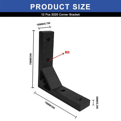 Product dimensions of 12 Pack 2020 Angle Bracket Corner Black With T Nuts And Screws Wrench For 8020 Aluminum Profile V Slot