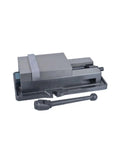 Heavy Duty Cnc Milling Machine Vise Featuring 8 Inch Precision Flat Nose Jaws positioned on a workbench with a clamping handle.