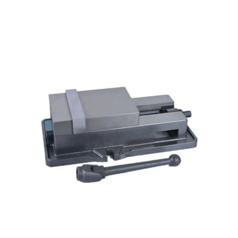 Heavy Duty Cnc Milling Machine Vise Featuring 8 Inch Precision Flat Nose Jaws positioned on a workbench with a clamping handle.