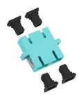 Six Pack SC Female To SC Female OM3 Duplex Multimode Fiber Optic Coupler Kit panel mount and plugs in aqua blue
