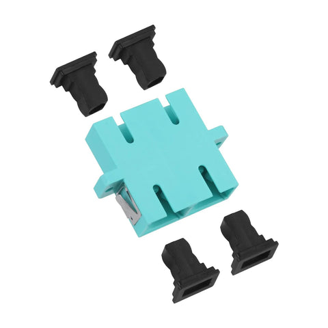 Six Pack SC Female To SC Female OM3 Duplex Multimode Fiber Optic Coupler Kit panel mount and plugs in aqua blue