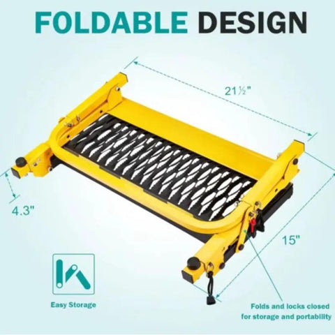 Hella Sturdy Folding Tire Step For Tesla Cybertruck Crew Featuring Heavy Duty Steel Frame With Grippy Steps To Make Garage Work A Total Slam Dunk This Week, showing foldable design, dimensions 21.5" x 4.3" x 15".