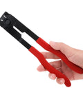 Hand holding CV Boot Clamp Pliers Kit With 10 Stainless Steel Crimp Bands, showing red handles and black jaws, DIY clamp tool.