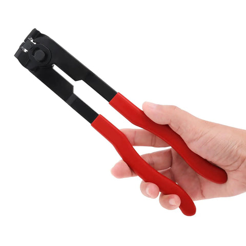 Hand holding CV Boot Clamp Pliers Kit With 10 Stainless Steel Crimp Bands, showing red handles and black jaws, DIY clamp tool.