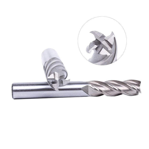 8-piece set of HSS end mills, 4-flute straight cutters, sizes 1/16 in to 1/2 in