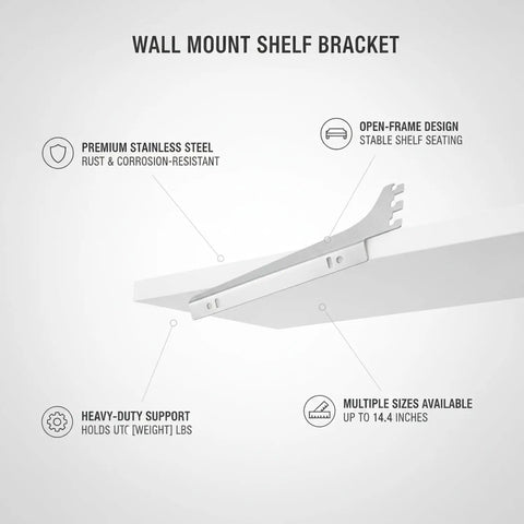Diagram of a wall mount sturdy stainless steel shelf bracket for vertical track systems with heavy-duty support in silver finish.