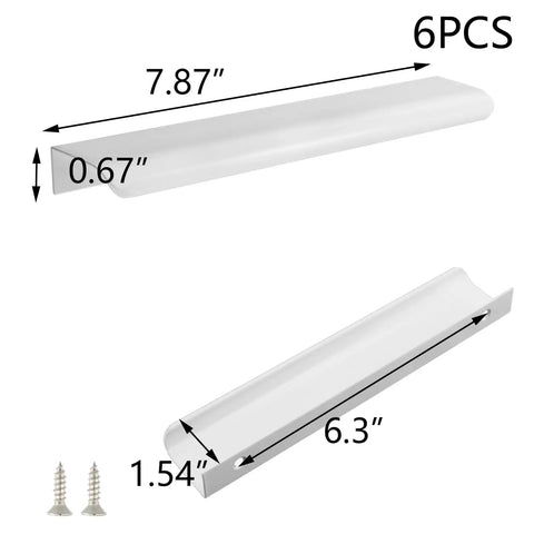 Six Pack Black Finger Pulls For Cabinets With 6.3 Inch Hole Centers Hidden Ergonomic Design with dimensions and screws