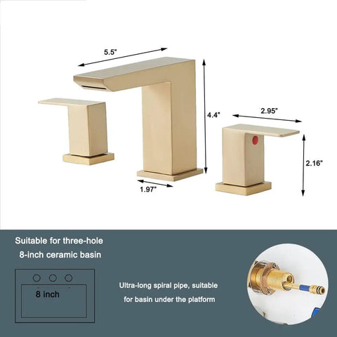 Sleek Brushed Gold 3 Hole Waterfall Bathroom Faucet With Dual Handles, Modern Vanity Sink Faucet Set, Easy Installation With Supply Hoses And Drain, 4.4 Inch Body, 5.5 Inch Spout Extension, Stylish Home Upgrade