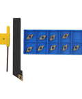 Alloy Steel CNC Lathe External Turning Tool Holder With 10 DCMT070204 Carbide Inserts shown with wrench and inserts in blue box