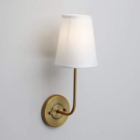 Set Of 2 Dope Hardwired Wall Sconces With White Fabric Shade Vintage Mid Century Brass Finish Antique Brass Look on wall