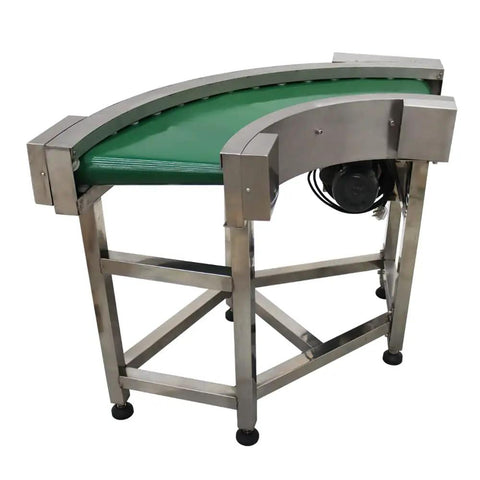 Curved Conveyor Belt With 90 Degree Turn Flexible Direction Change Stainless Steel PVC Belt 11.8 Inch Wide 20 Meters Per Minute Speed 400W Power Adjustable Foot Leveling For Uneven Floors Heavy Duty Workhorse Conveyor