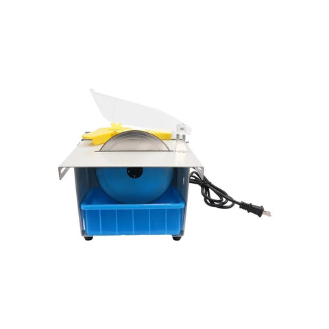 Heavy Duty 750W Electric Mini Table Saw With 5 Pcs Premium Blades For Rock Solid Woodworking Cutting Polishing And Carving Desktop Router Alternative, front view with blades.