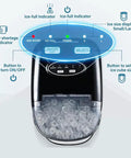 Portable Countertop Ice Maker Electric Machine features controls for ice size and indicators for water shortage and ice full, ideal for smoothies.