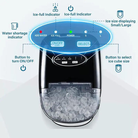 Portable Countertop Ice Maker Electric Machine features controls for ice size and indicators for water shortage and ice full, ideal for smoothies.