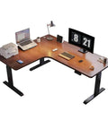 Hella Spacious L Shaped Electric Height Adjustable Standing Desk For Home Office Ergonomic Corner Workstation Tool Free Assembly Sit Stand Switch Dual Monitor Dream Setup with dual monitors and office supplies.