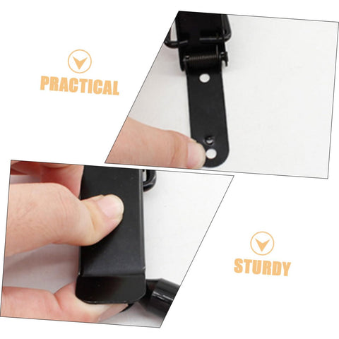 Person holding 4 Pack Spring Loaded Toggle Latch Clips Hasp Kit for Cabinets Doors Windows Lids, black finish, practical design.