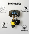 Hardcore Gate Valve Locking Device With Password Lock No Install Required, shown on faucet, highlighting weatherproof features.
