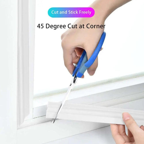 Hands cutting Self Adhesive T Shape Draft Stopper Tape Kills The Draft Seal Window And Door Gaps Block Noise No Sweat Weather Stripping Insulation Roll.