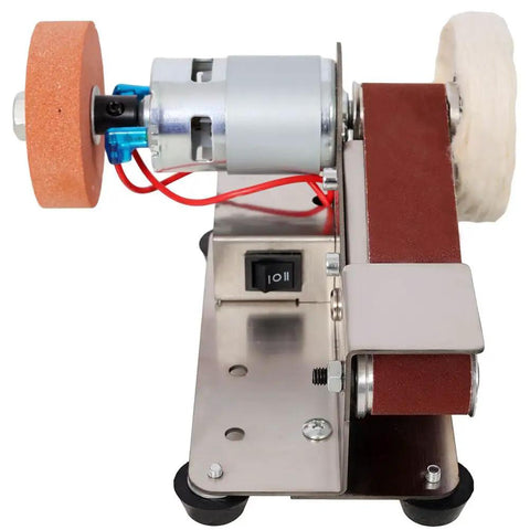 Slick Mini Belt Sander and Solid Bench Grinder offering seven speed variations with 775 motor for metal deburring and knife honing.